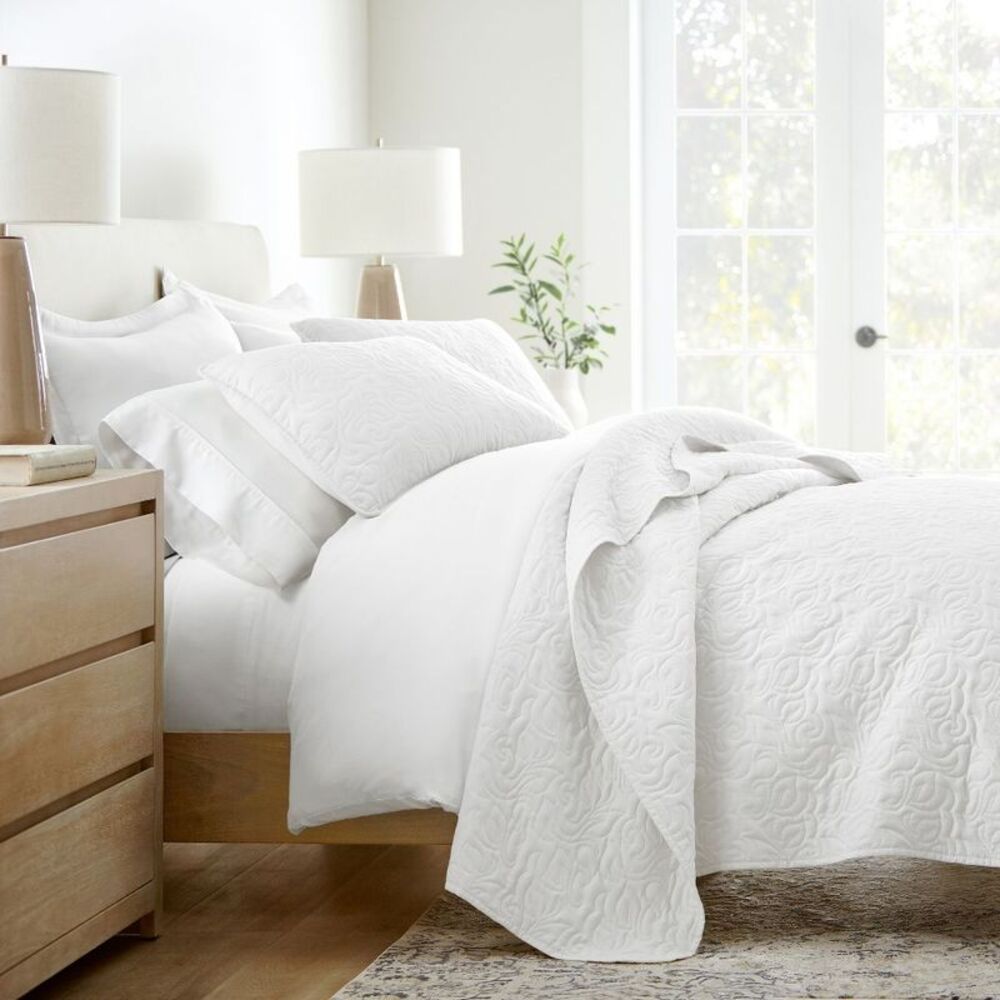 Stripes Floral and Diamonds Quilted Coverlet Set W Floral Stitch/White